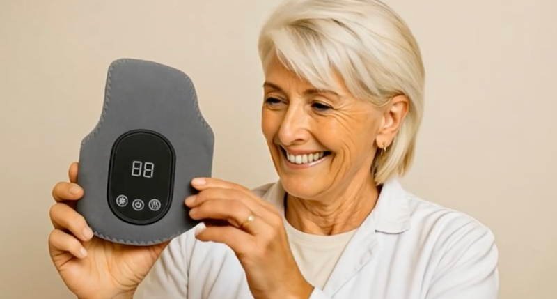 Happy customer with EMSense EMS foot massager — electric foot therapy relief from neuropathy, tingling feet, burning feet, foot numbness and plantar fasciitis